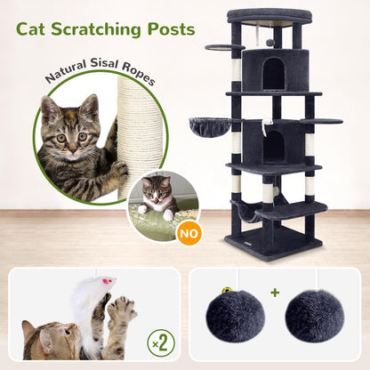 Cactus Corner Cat Tree Tower with Scratching Post for Indoor Cats, 51in Multi-Level Cat Condo Tower with Large Hammock, Fan-Shaped Padded Perch, Spacious Cat Cave, Hanging Basket, C51, Green