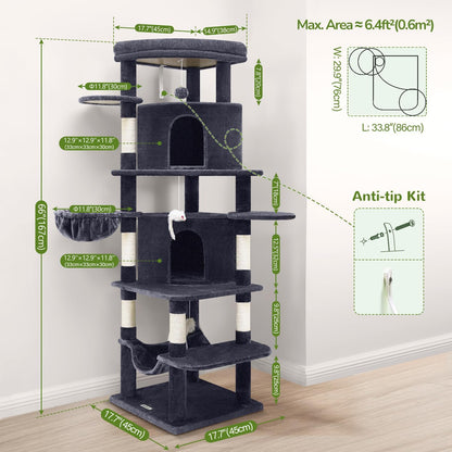 Cactus Corner Cat Tree Tower with Scratching Post for Indoor Cats, 51in Multi-Level Cat Condo Tower with Large Hammock, Fan-Shaped Padded Perch, Spacious Cat Cave, Hanging Basket, C51, Green