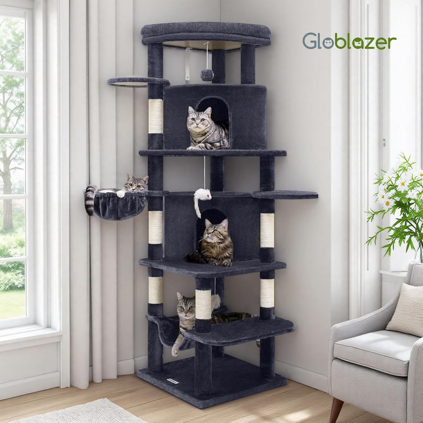 Cactus Corner Cat Tree Tower with Scratching Post for Indoor Cats, 51in Multi-Level Cat Condo Tower with Large Hammock, Fan-Shaped Padded Perch, Spacious Cat Cave, Hanging Basket, C51, Green