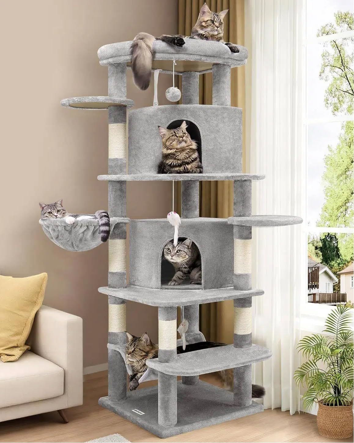 Cactus Corner Cat Tree Tower with Scratching Post for Indoor Cats, 51in Multi-Level Cat Condo Tower with Large Hammock, Fan-Shaped Padded Perch, Spacious Cat Cave, Hanging Basket, C51, Green