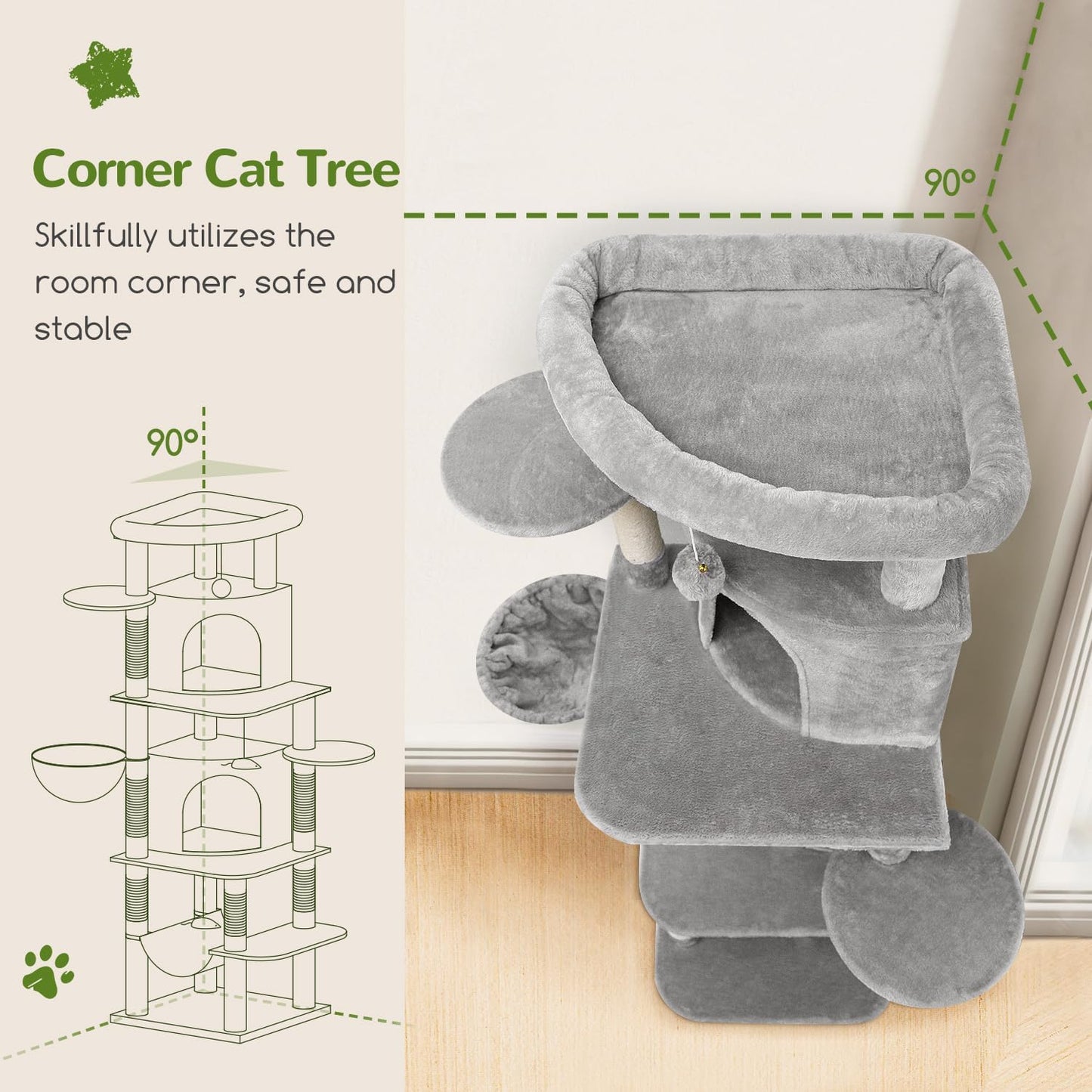 Cactus Corner Cat Tree Tower with Scratching Post for Indoor Cats, 51in Multi-Level Cat Condo Tower with Large Hammock, Fan-Shaped Padded Perch, Spacious Cat Cave, Hanging Basket, C51, Green