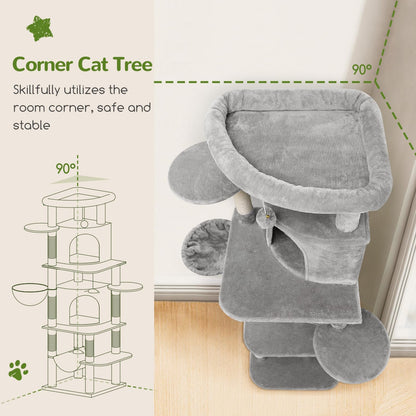 Cactus Corner Cat Tree Tower with Scratching Post for Indoor Cats, 51in Multi-Level Cat Condo Tower with Large Hammock, Fan-Shaped Padded Perch, Spacious Cat Cave, Hanging Basket, C51, Green