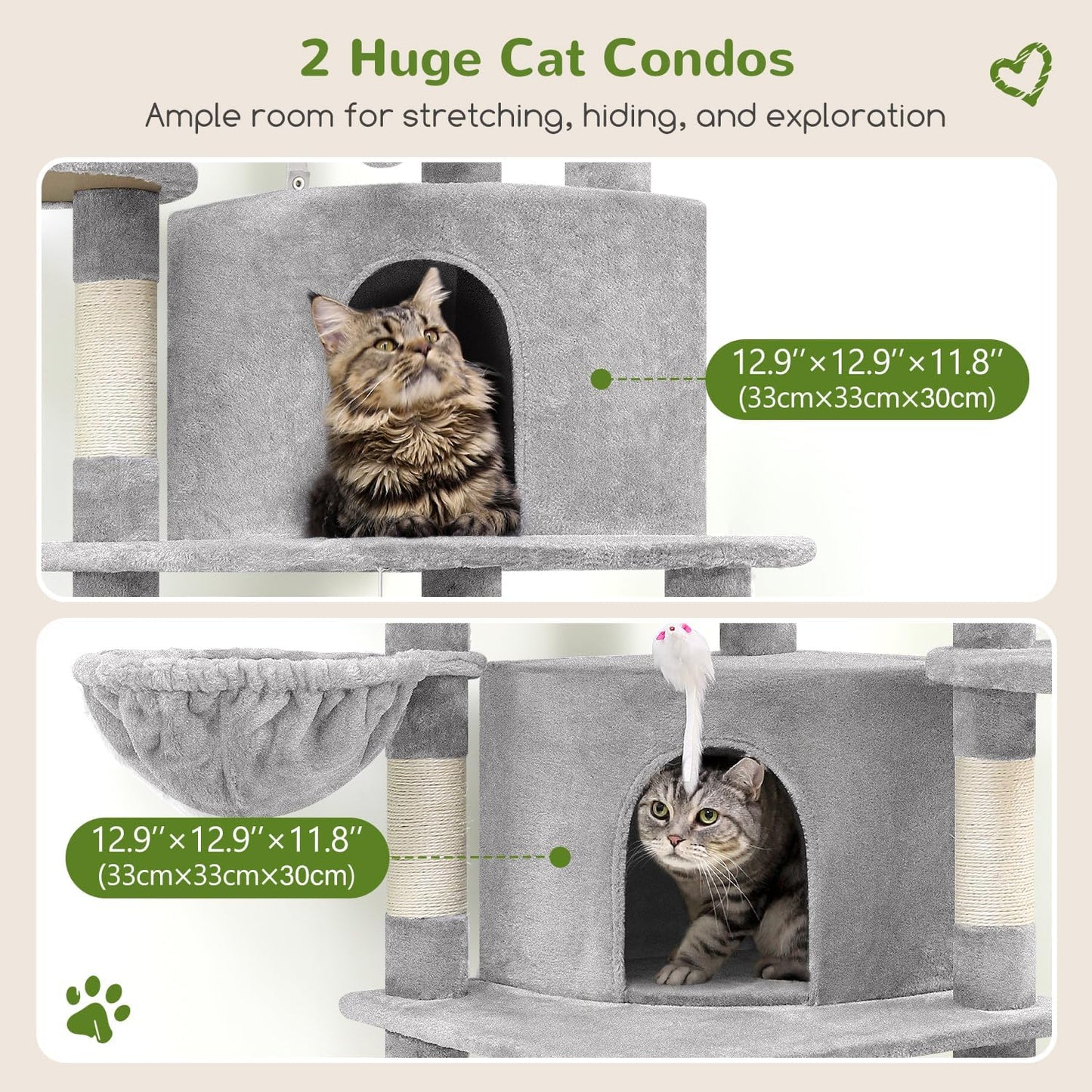 Cactus Corner Cat Tree Tower with Scratching Post for Indoor Cats, 51in Multi-Level Cat Condo Tower with Large Hammock, Fan-Shaped Padded Perch, Spacious Cat Cave, Hanging Basket, C51, Green