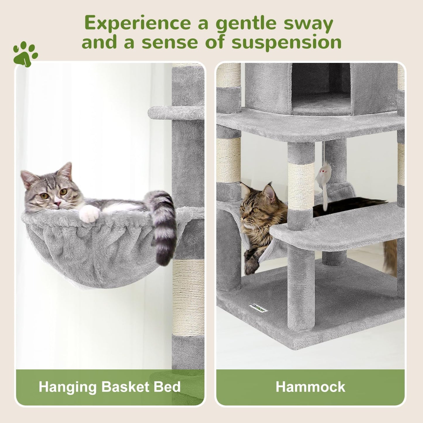 Cactus Corner Cat Tree Tower with Scratching Post for Indoor Cats, 51in Multi-Level Cat Condo Tower with Large Hammock, Fan-Shaped Padded Perch, Spacious Cat Cave, Hanging Basket, C51, Green