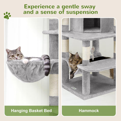 Cactus Corner Cat Tree Tower with Scratching Post for Indoor Cats, 51in Multi-Level Cat Condo Tower with Large Hammock, Fan-Shaped Padded Perch, Spacious Cat Cave, Hanging Basket, C51, Green
