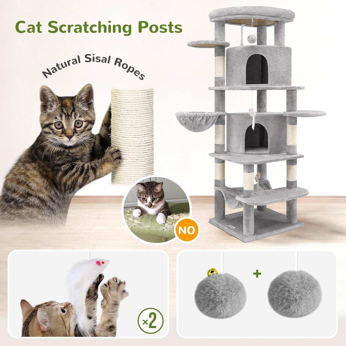 Cactus Corner Cat Tree Tower with Scratching Post for Indoor Cats, 51in Multi-Level Cat Condo Tower with Large Hammock, Fan-Shaped Padded Perch, Spacious Cat Cave, Hanging Basket, C51, Green