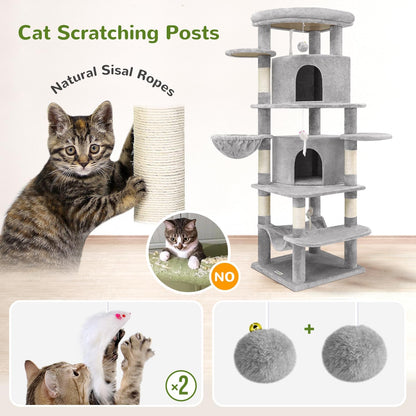 Cactus Corner Cat Tree Tower with Scratching Post for Indoor Cats, 51in Multi-Level Cat Condo Tower with Large Hammock, Fan-Shaped Padded Perch, Spacious Cat Cave, Hanging Basket, C51, Green