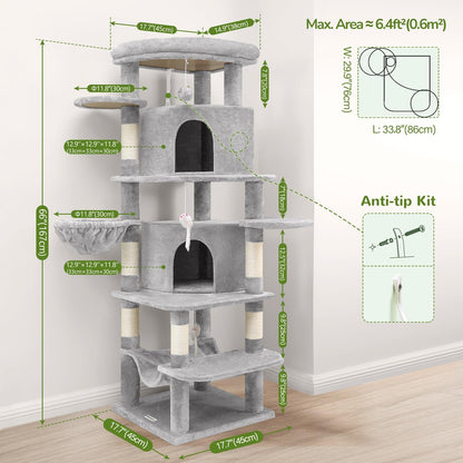 Cactus Corner Cat Tree Tower with Scratching Post for Indoor Cats, 51in Multi-Level Cat Condo Tower with Large Hammock, Fan-Shaped Padded Perch, Spacious Cat Cave, Hanging Basket, C51, Green