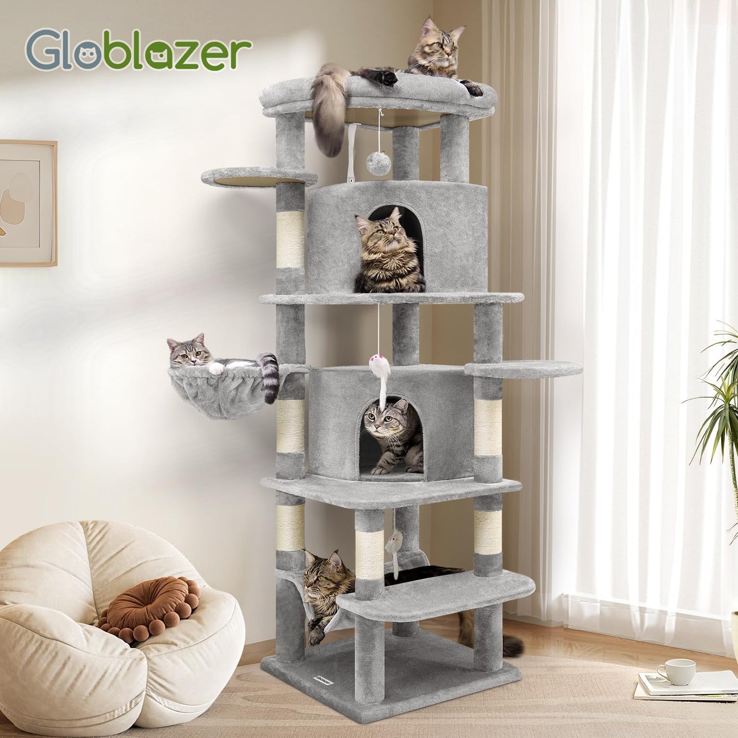 Cactus Corner Cat Tree Tower with Scratching Post for Indoor Cats, 51in Multi-Level Cat Condo Tower with Large Hammock, Fan-Shaped Padded Perch, Spacious Cat Cave, Hanging Basket, C51, Green