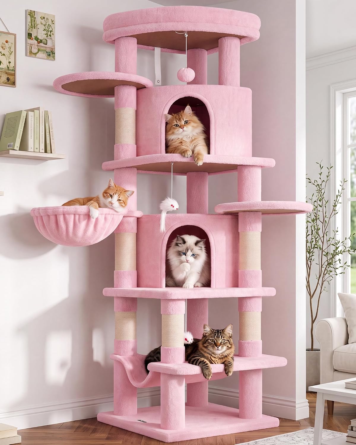 Cactus Corner Cat Tree Tower with Scratching Post for Indoor Cats, 51in Multi-Level Cat Condo Tower with Large Hammock, Fan-Shaped Padded Perch, Spacious Cat Cave, Hanging Basket, C51, Green