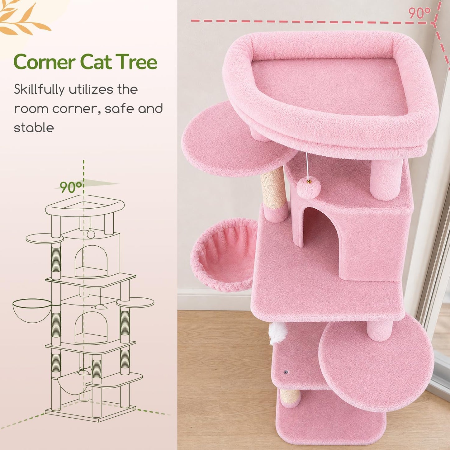 Cactus Corner Cat Tree Tower with Scratching Post for Indoor Cats, 51in Multi-Level Cat Condo Tower with Large Hammock, Fan-Shaped Padded Perch, Spacious Cat Cave, Hanging Basket, C51, Green