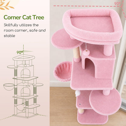 Cactus Corner Cat Tree Tower with Scratching Post for Indoor Cats, 51in Multi-Level Cat Condo Tower with Large Hammock, Fan-Shaped Padded Perch, Spacious Cat Cave, Hanging Basket, C51, Green
