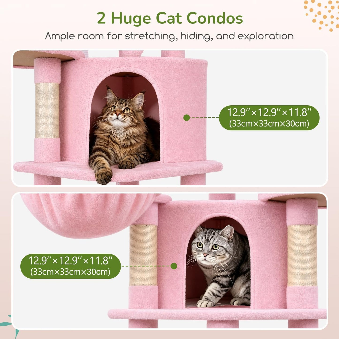 Cactus Corner Cat Tree Tower with Scratching Post for Indoor Cats, 51in Multi-Level Cat Condo Tower with Large Hammock, Fan-Shaped Padded Perch, Spacious Cat Cave, Hanging Basket, C51, Green
