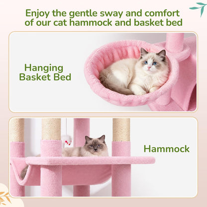 Cactus Corner Cat Tree Tower with Scratching Post for Indoor Cats, 51in Multi-Level Cat Condo Tower with Large Hammock, Fan-Shaped Padded Perch, Spacious Cat Cave, Hanging Basket, C51, Green