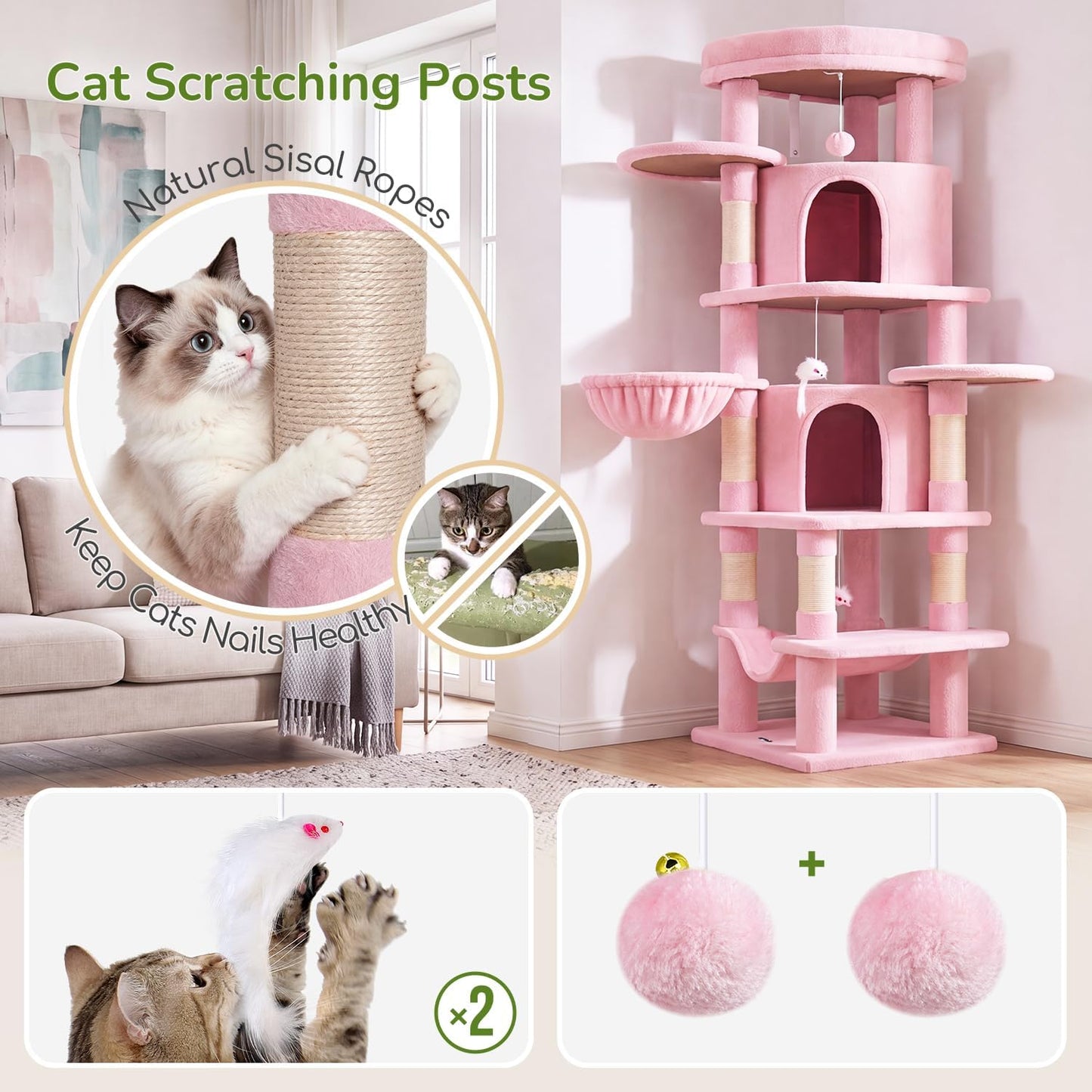 Cactus Corner Cat Tree Tower with Scratching Post for Indoor Cats, 51in Multi-Level Cat Condo Tower with Large Hammock, Fan-Shaped Padded Perch, Spacious Cat Cave, Hanging Basket, C51, Green