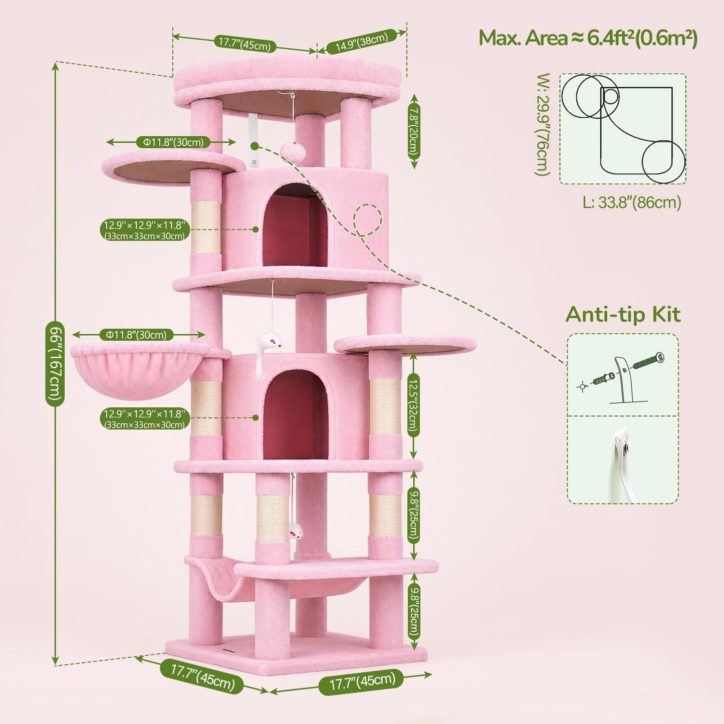 Cactus Corner Cat Tree Tower with Scratching Post for Indoor Cats, 51in Multi-Level Cat Condo Tower with Large Hammock, Fan-Shaped Padded Perch, Spacious Cat Cave, Hanging Basket, C51, Green