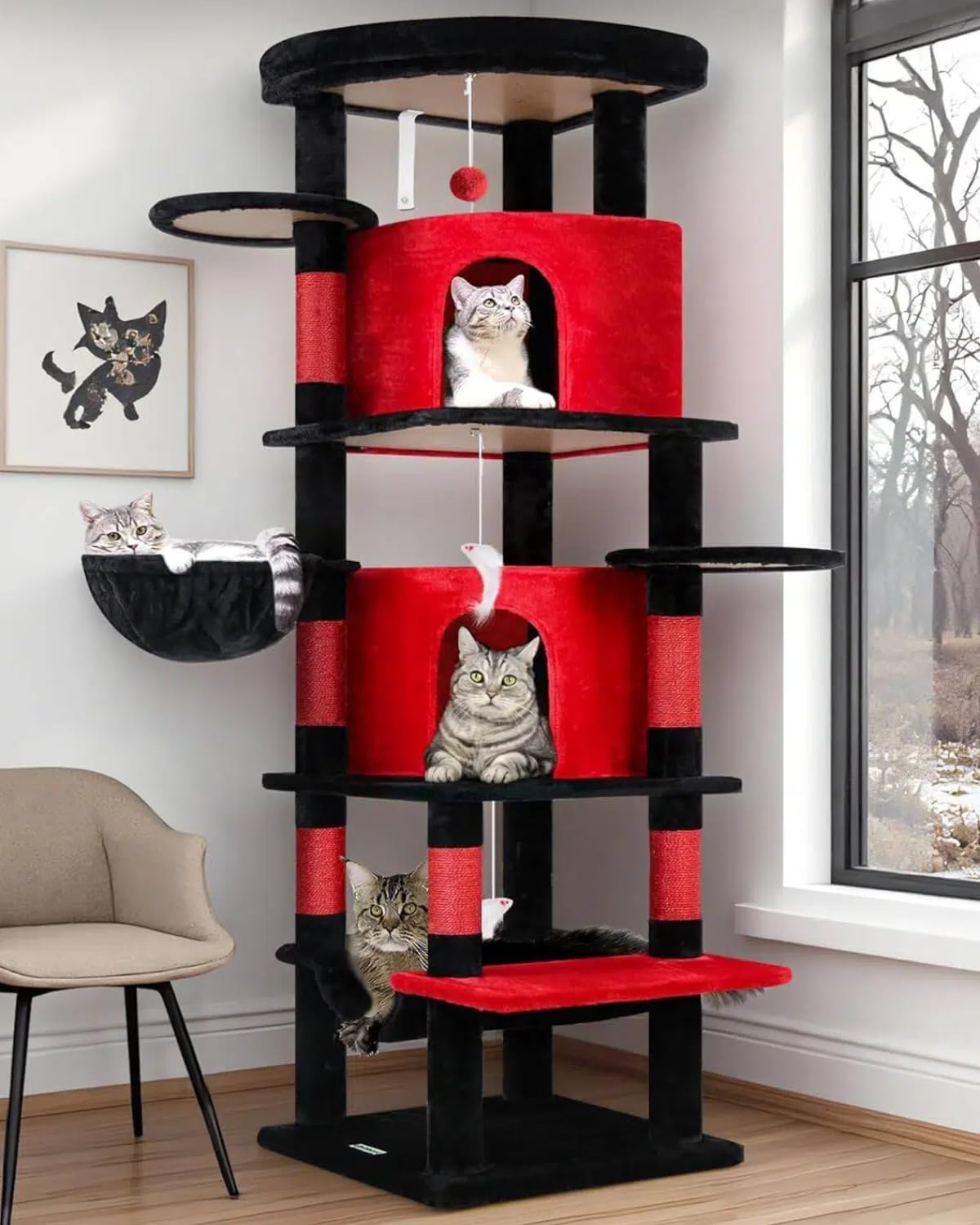 Cactus Corner Cat Tree Tower with Scratching Post for Indoor Cats, 51in Multi-Level Cat Condo Tower with Large Hammock, Fan-Shaped Padded Perch, Spacious Cat Cave, Hanging Basket, C51, Green