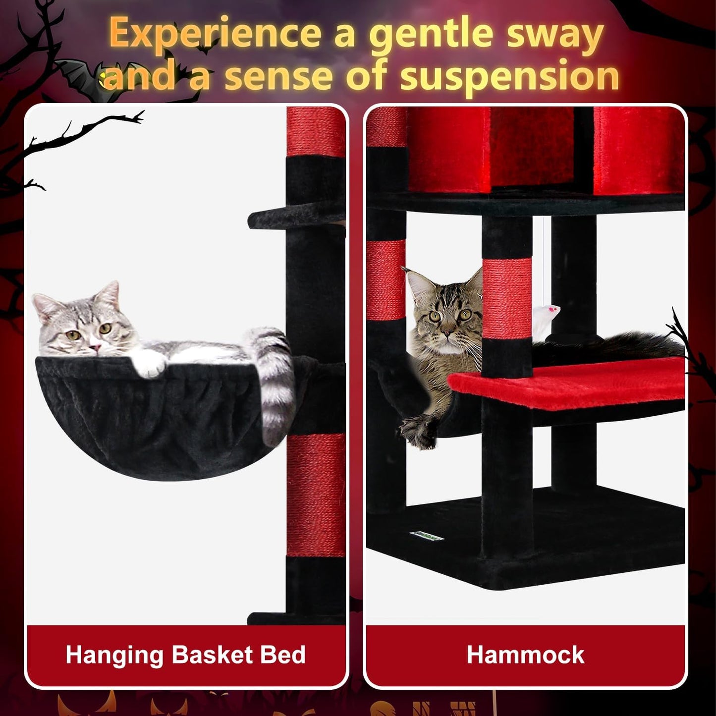 Cactus Corner Cat Tree Tower with Scratching Post for Indoor Cats, 51in Multi-Level Cat Condo Tower with Large Hammock, Fan-Shaped Padded Perch, Spacious Cat Cave, Hanging Basket, C51, Green