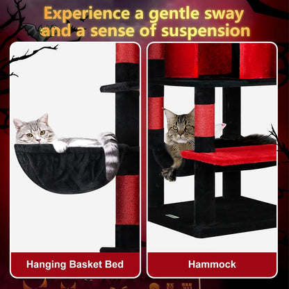 Cactus Corner Cat Tree Tower with Scratching Post for Indoor Cats, 51in Multi-Level Cat Condo Tower with Large Hammock, Fan-Shaped Padded Perch, Spacious Cat Cave, Hanging Basket, C51, Green