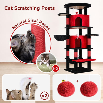 Cactus Corner Cat Tree Tower with Scratching Post for Indoor Cats, 51in Multi-Level Cat Condo Tower with Large Hammock, Fan-Shaped Padded Perch, Spacious Cat Cave, Hanging Basket, C51, Green