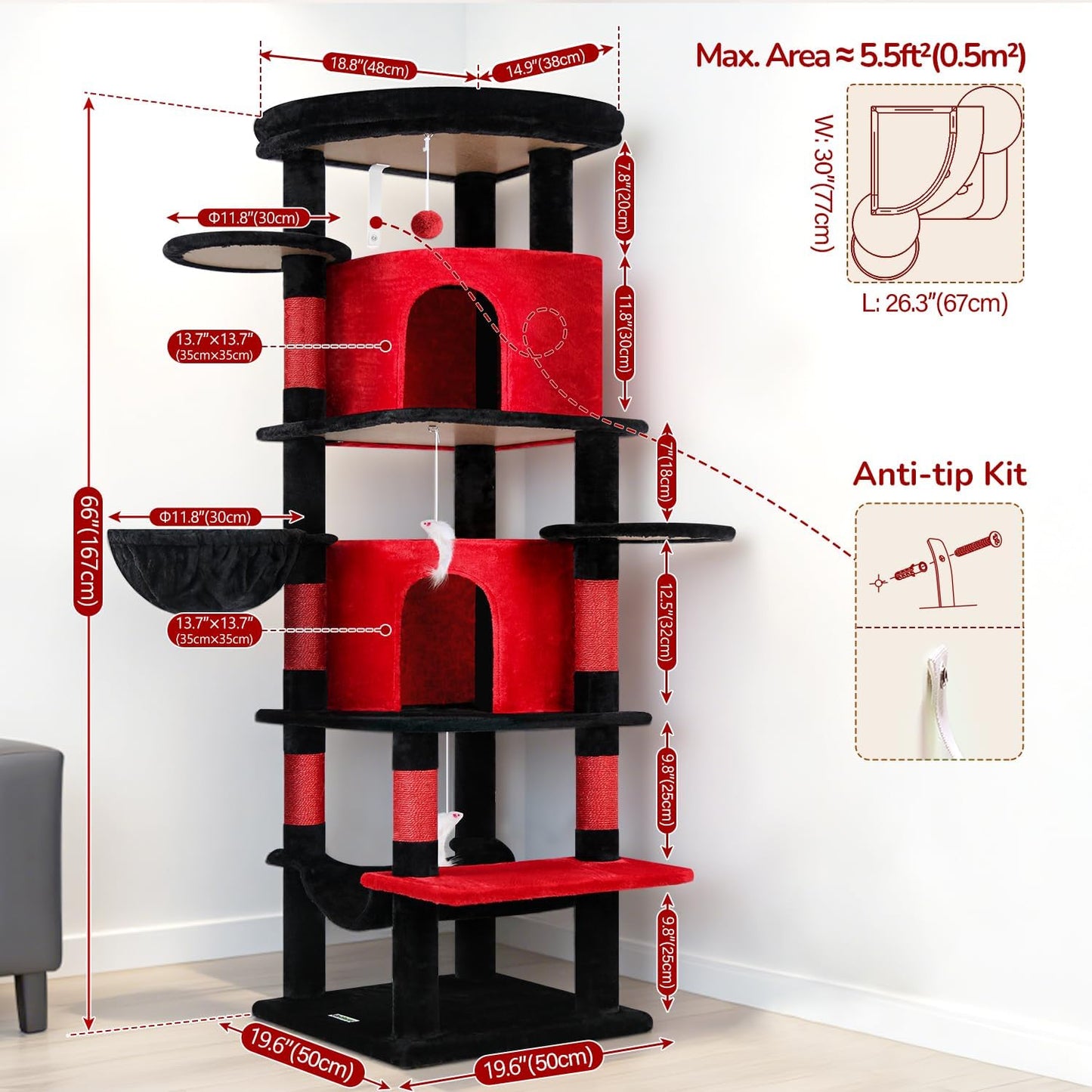 Cactus Corner Cat Tree Tower with Scratching Post for Indoor Cats, 51in Multi-Level Cat Condo Tower with Large Hammock, Fan-Shaped Padded Perch, Spacious Cat Cave, Hanging Basket, C51, Green