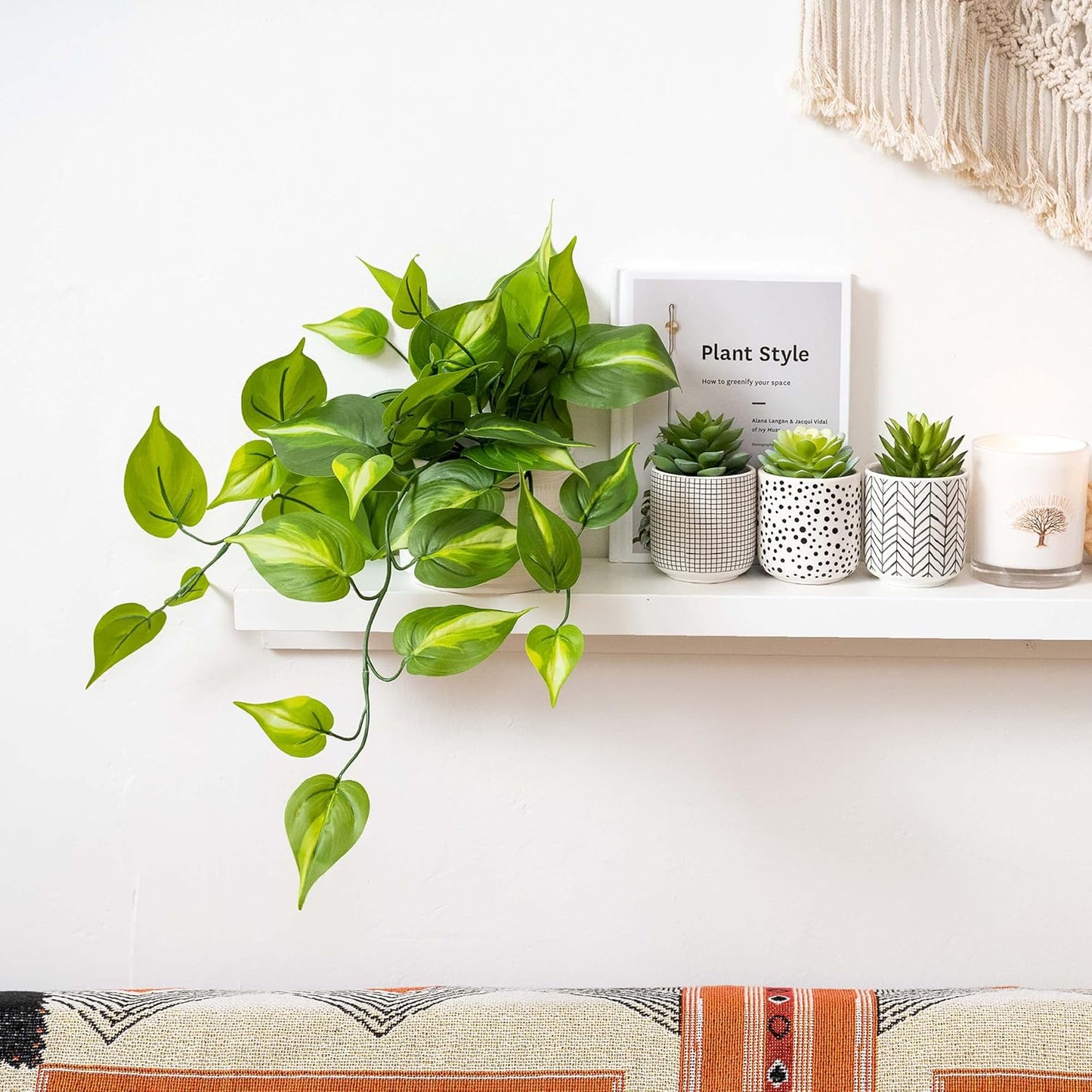 Dark Green Fake pothos | Fake Plant for Shelf Decor | Artificial Trailing Ivy Plant with 5" Wide Ceramic Pot | Faux pothos | Feaux Pothos | Bathroom and Kitchen Decor