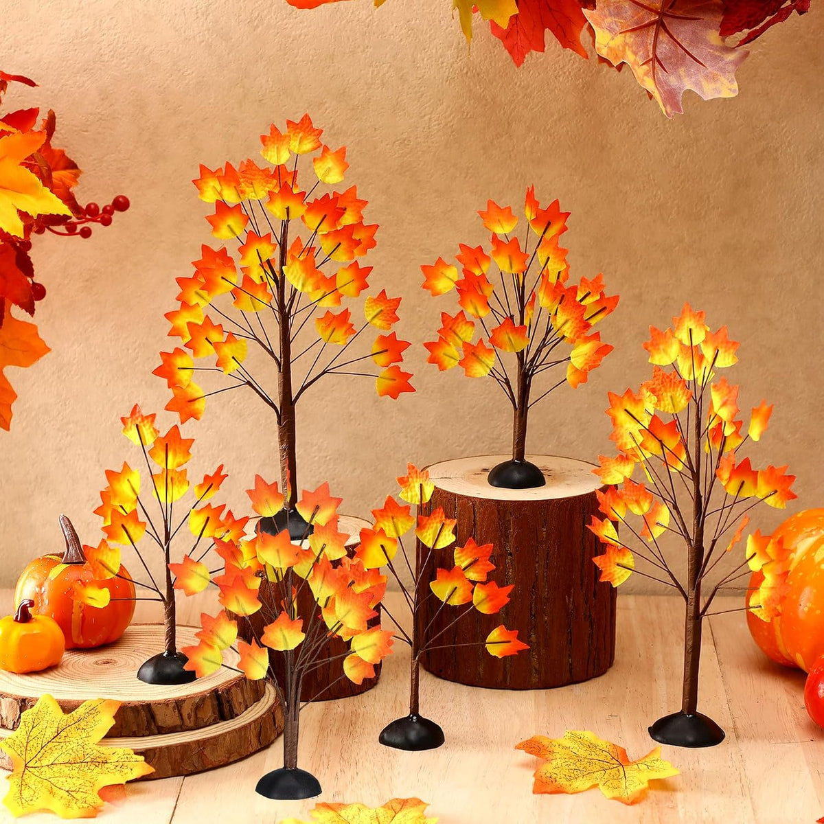 8 Pack Fall Village Maple Mini Trees Decor, Orange