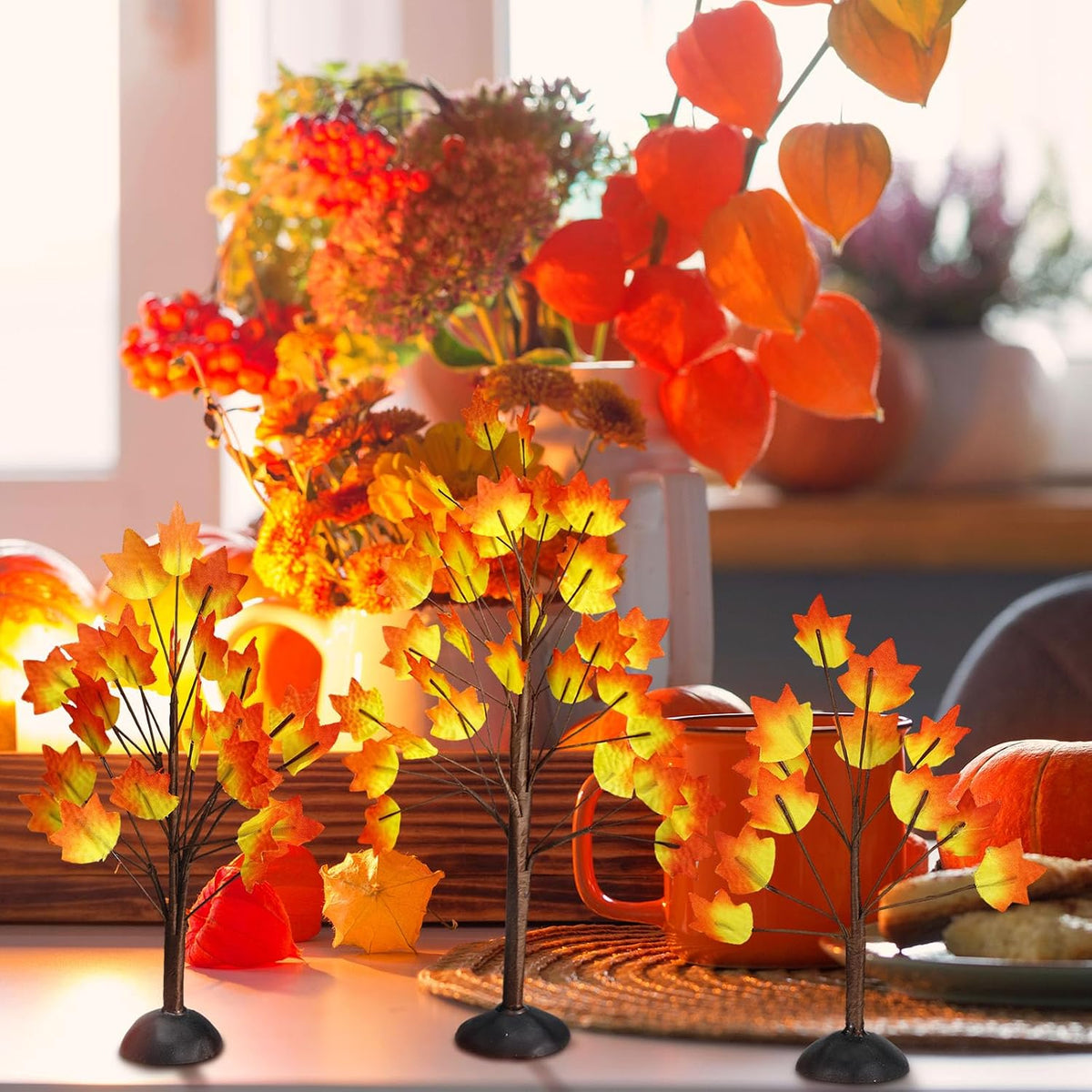 8 Pack Fall Village Maple Mini Trees Decor, Orange