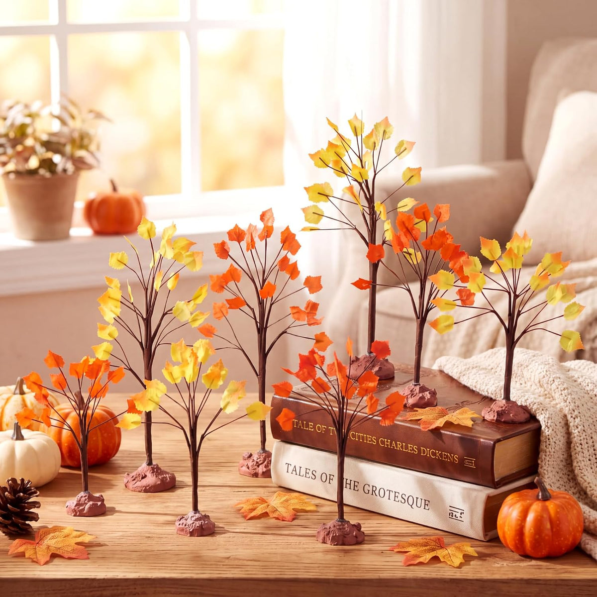 8 Pack Fall Village Maple Mini Trees Decor, Orange