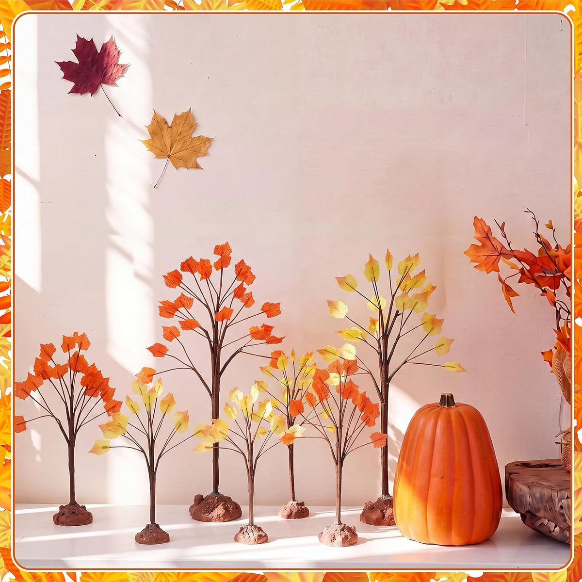 8 Pack Fall Village Maple Mini Trees Decor, Orange