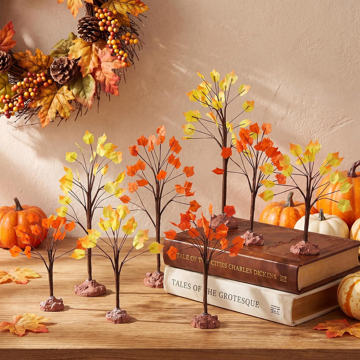8 Pack Fall Village Maple Mini Trees Decor, Orange
