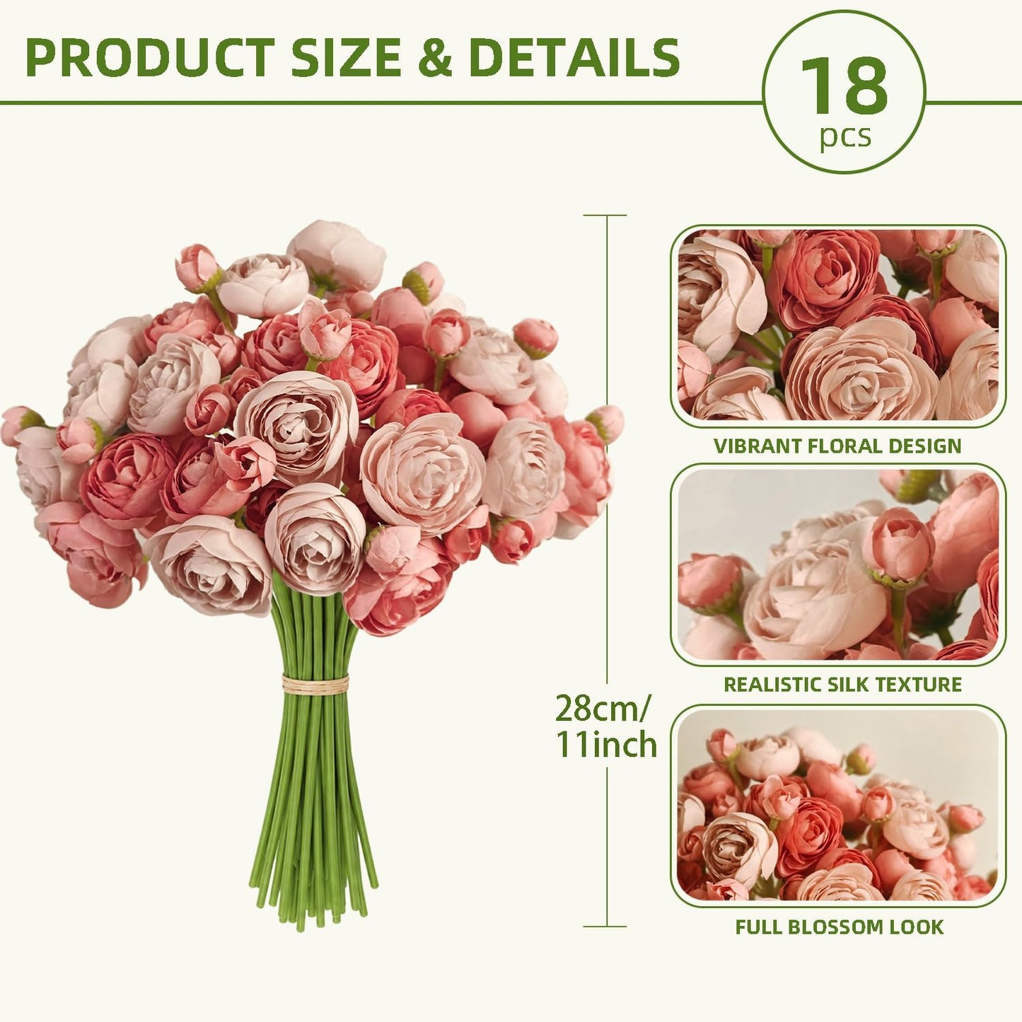 Ranunculus Artificial Flower White Silk Flowers, 18 Pcs | Faux DIY Bouquet, Wedding Engagement Centerpieces, Bridal Shower Decorations, Home Decor