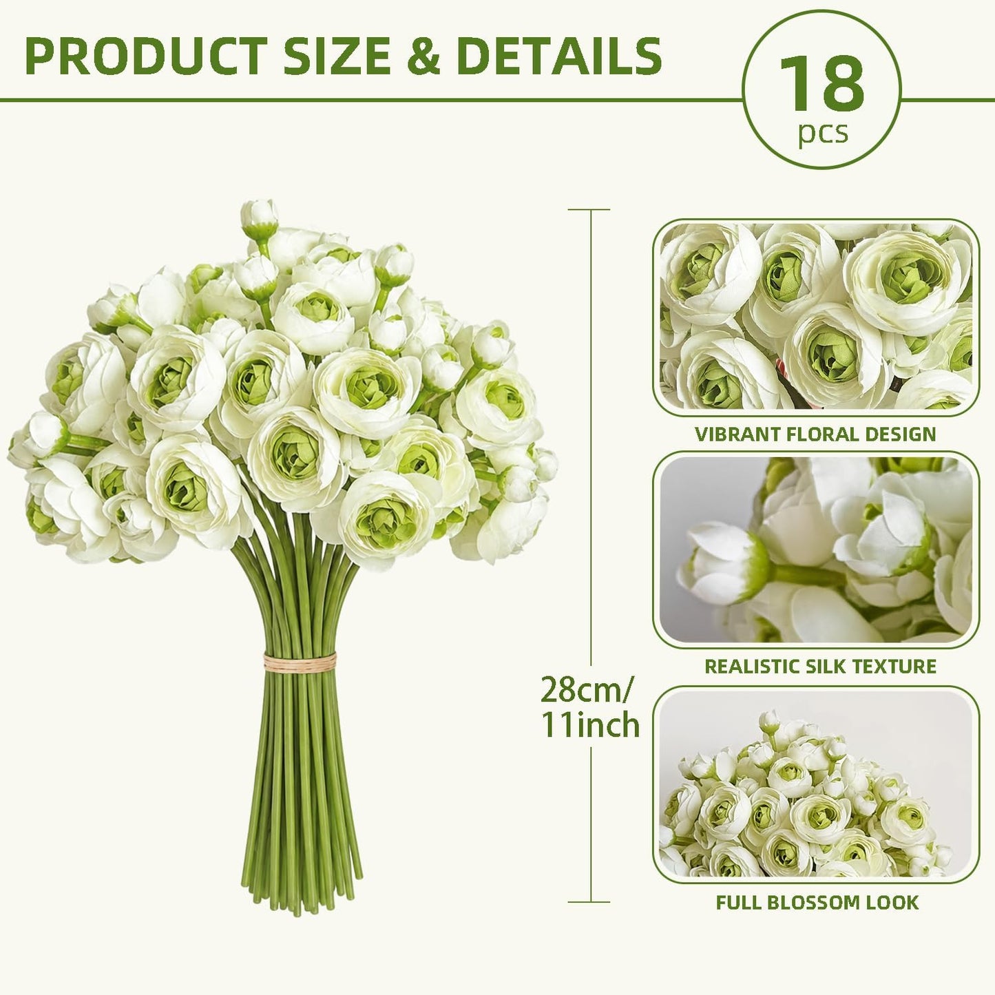 Ranunculus Artificial Flower White Silk Flowers, 18 Pcs | Faux DIY Bouquet, Wedding Engagement Centerpieces, Bridal Shower Decorations, Home Decor