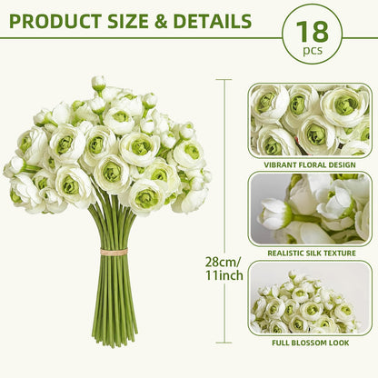 Ranunculus Artificial Flower White Silk Flowers, 18 Pcs | Faux DIY Bouquet, Wedding Engagement Centerpieces, Bridal Shower Decorations, Home Decor