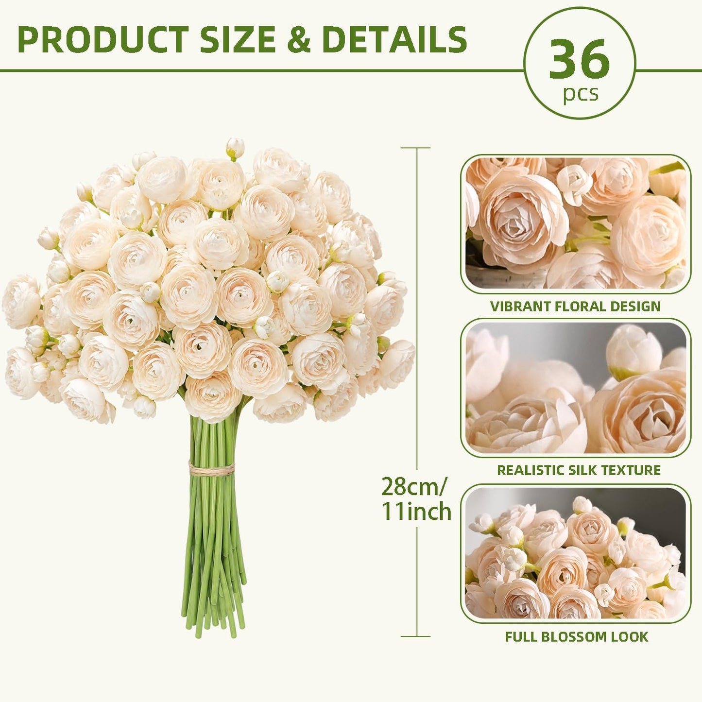 Ranunculus Artificial Flower White Silk Flowers, 18 Pcs | Faux DIY Bouquet, Wedding Engagement Centerpieces, Bridal Shower Decorations, Home Decor