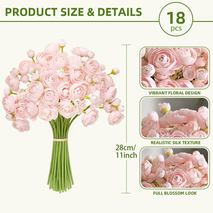 Ranunculus Artificial Flower White Silk Flowers, 18 Pcs | Faux DIY Bouquet, Wedding Engagement Centerpieces, Bridal Shower Decorations, Home Decor
