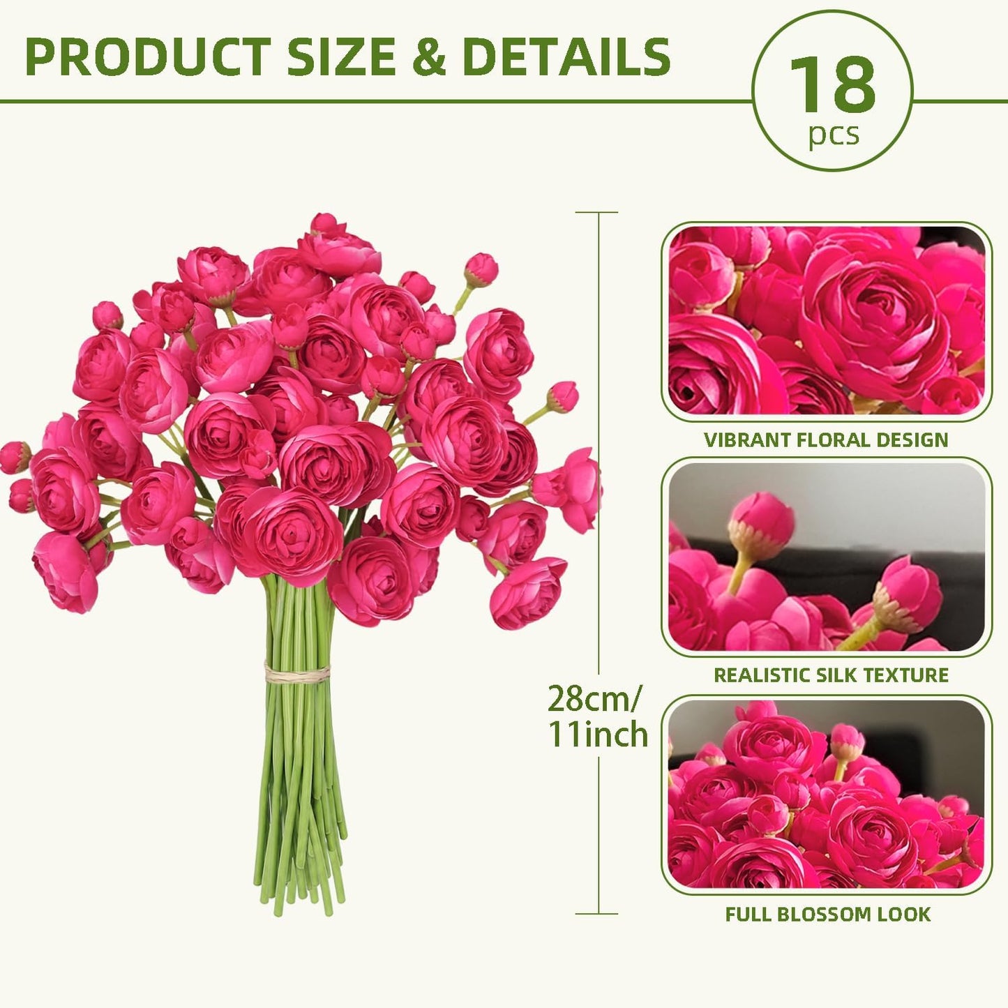 Ranunculus Artificial Flower White Silk Flowers, 18 Pcs | Faux DIY Bouquet, Wedding Engagement Centerpieces, Bridal Shower Decorations, Home Decor