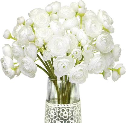Ranunculus Artificial Flower White Silk Flowers, 18 Pcs | Faux DIY Bouquet, Wedding Engagement Centerpieces, Bridal Shower Decorations, Home Decor