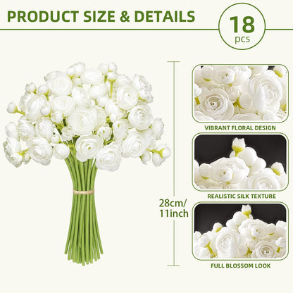 Ranunculus Artificial Flower White Silk Flowers, 18 Pcs | Faux DIY Bouquet, Wedding Engagement Centerpieces, Bridal Shower Decorations, Home Decor