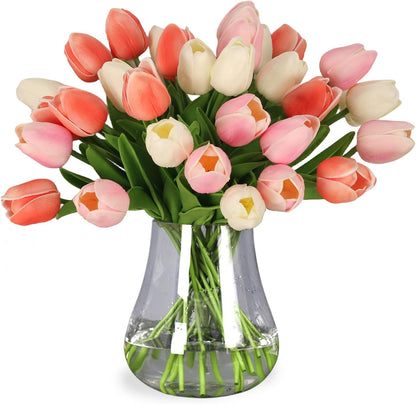 30pcs Real Touch Tulips PU Artificial Flowers, Fake Tulips Flowers for Arrangement Wedding Party Easter Spring Home Dining Room Office Decoration. (White)