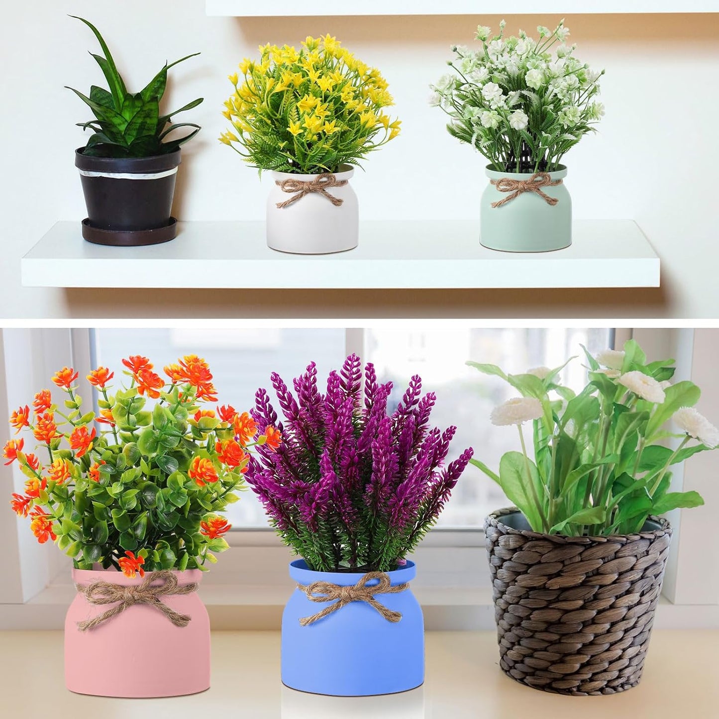 4 Pcs Large Artificial Potted Flowers Classic Potted Plants | Plastic Faux Flowers for Home Decor Indoor Artificial Plants in Pots for Wedding Home Desk Tabletop Outdoor Office Kitchen