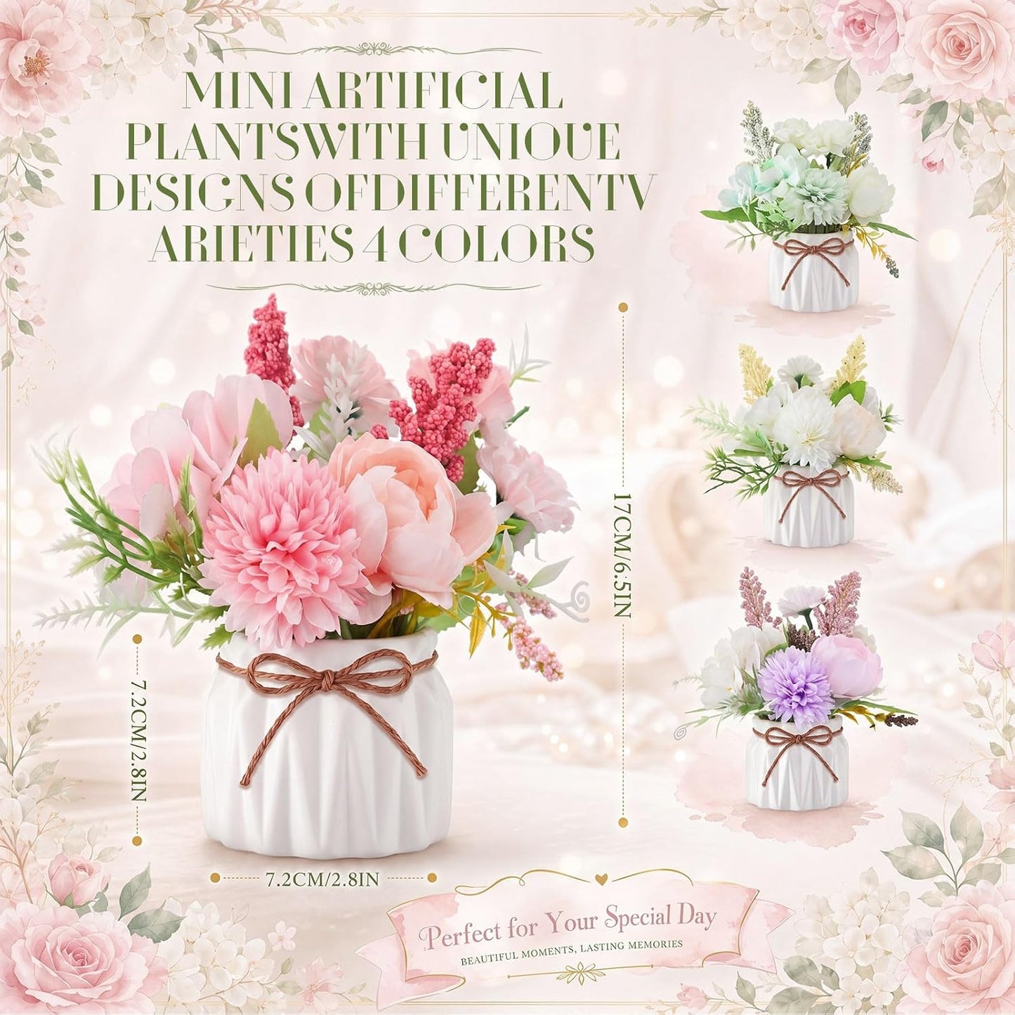 4 Pcs Large Artificial Potted Flowers Classic Potted Plants | Plastic Faux Flowers for Home Decor Indoor Artificial Plants in Pots for Wedding Home Desk Tabletop Outdoor Office Kitchen