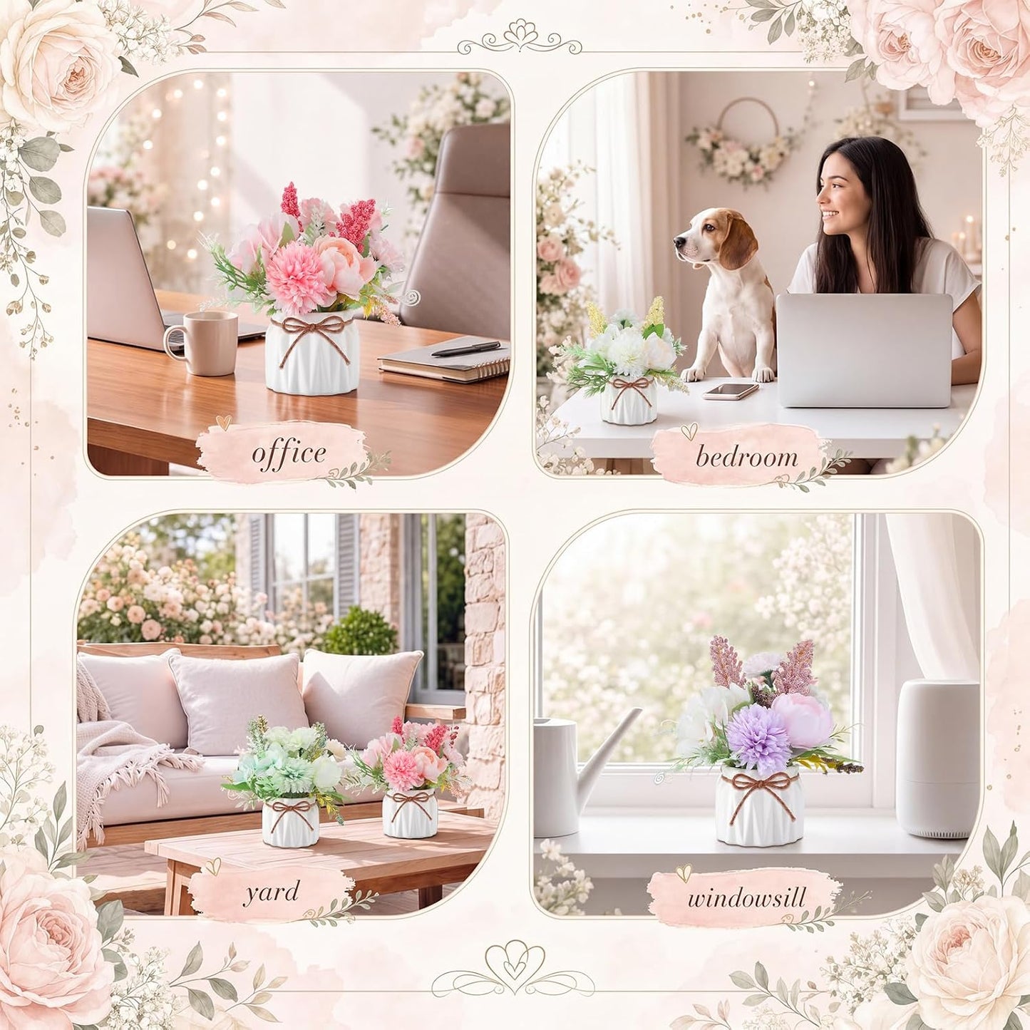 4 Pcs Large Artificial Potted Flowers Classic Potted Plants | Plastic Faux Flowers for Home Decor Indoor Artificial Plants in Pots for Wedding Home Desk Tabletop Outdoor Office Kitchen