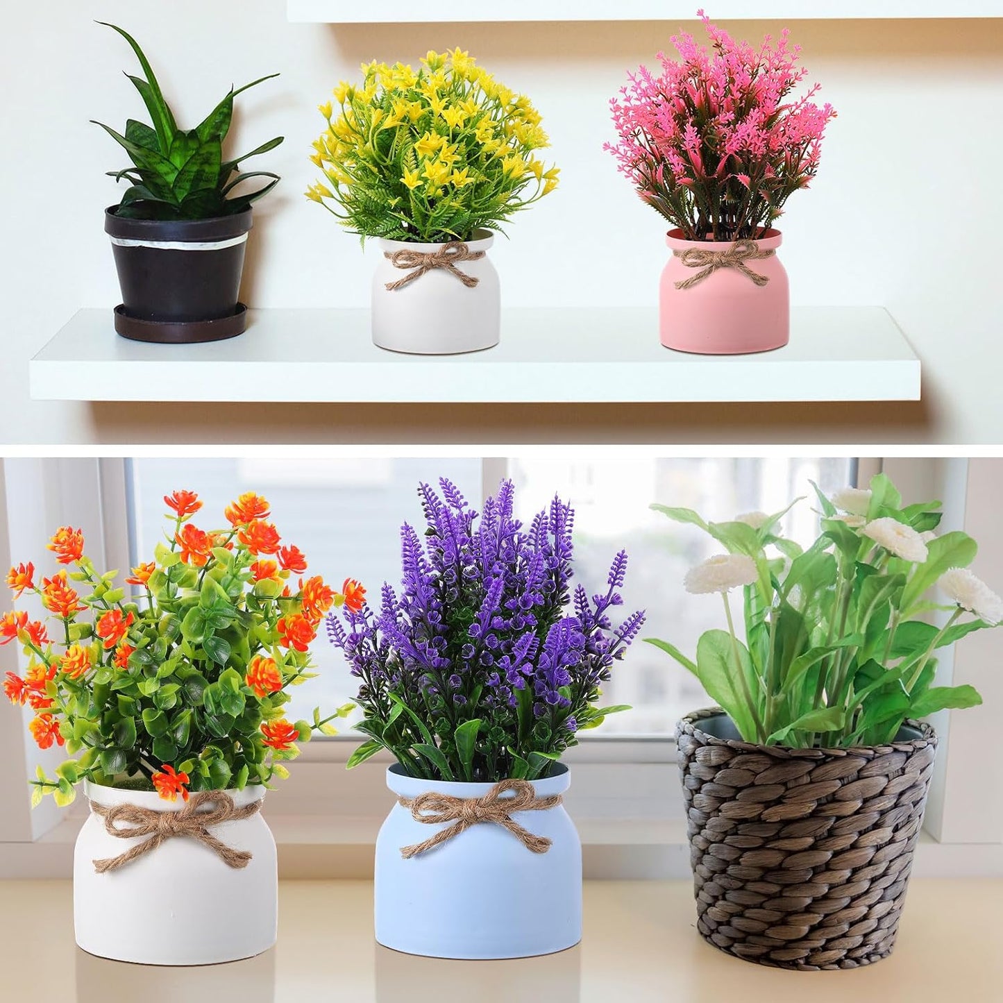 4 Pcs Large Artificial Potted Flowers Classic Potted Plants | Plastic Faux Flowers for Home Decor Indoor Artificial Plants in Pots for Wedding Home Desk Tabletop Outdoor Office Kitchen