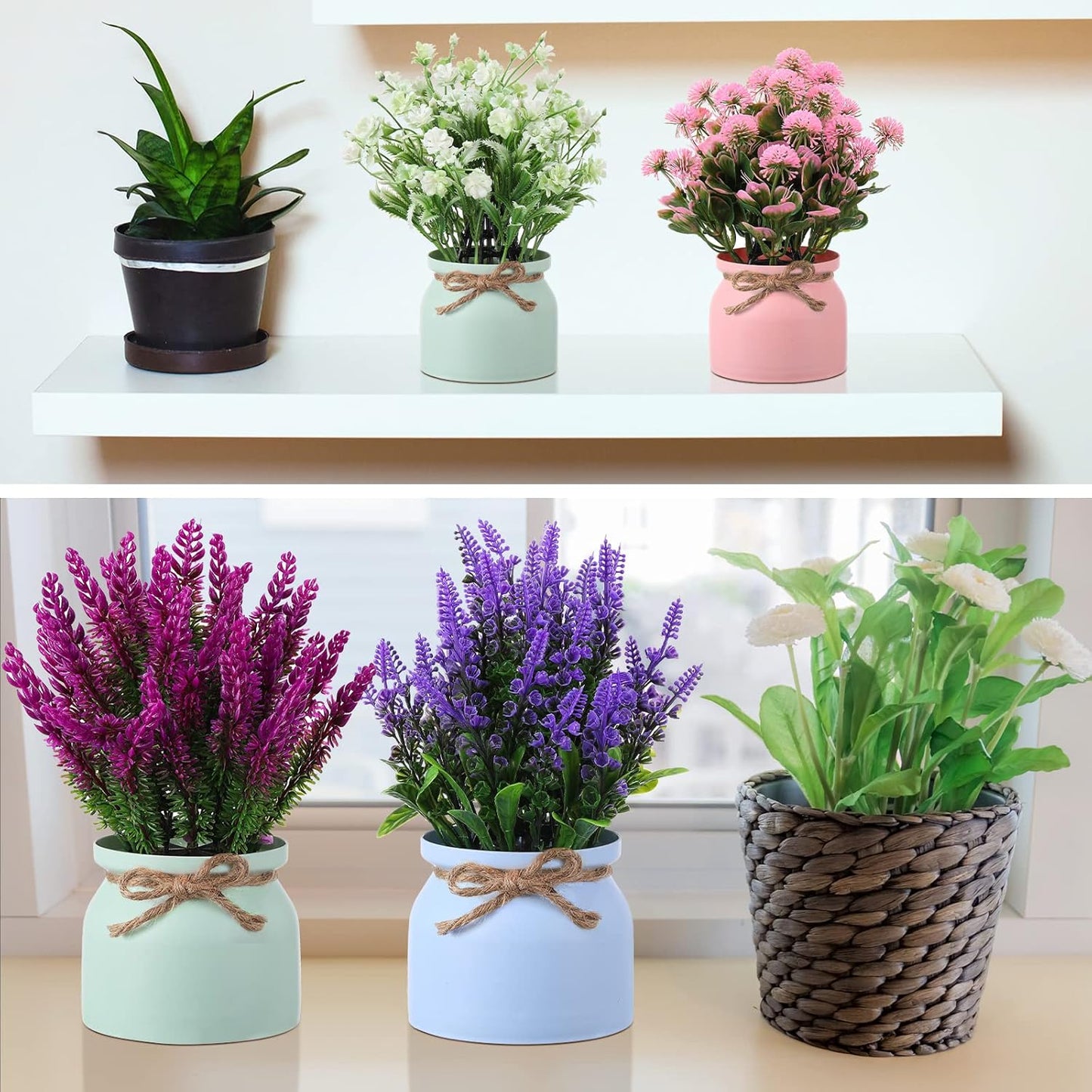 4 Pcs Large Artificial Potted Flowers Classic Potted Plants | Plastic Faux Flowers for Home Decor Indoor Artificial Plants in Pots for Wedding Home Desk Tabletop Outdoor Office Kitchen