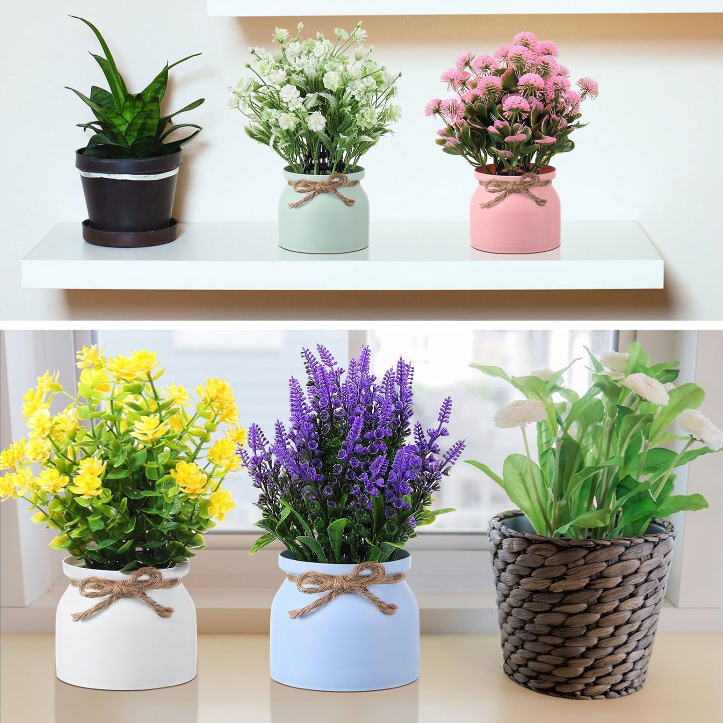 4 Pcs Large Artificial Potted Flowers Classic Potted Plants | Plastic Faux Flowers for Home Decor Indoor Artificial Plants in Pots for Wedding Home Desk Tabletop Outdoor Office Kitchen