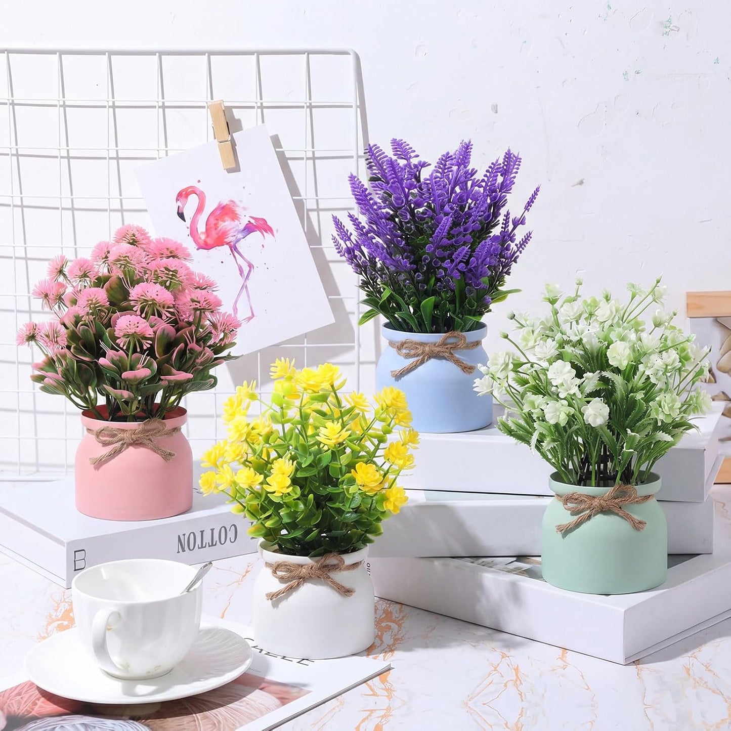 4 Pcs Large Artificial Potted Flowers Classic Potted Plants | Plastic Faux Flowers for Home Decor Indoor Artificial Plants in Pots for Wedding Home Desk Tabletop Outdoor Office Kitchen