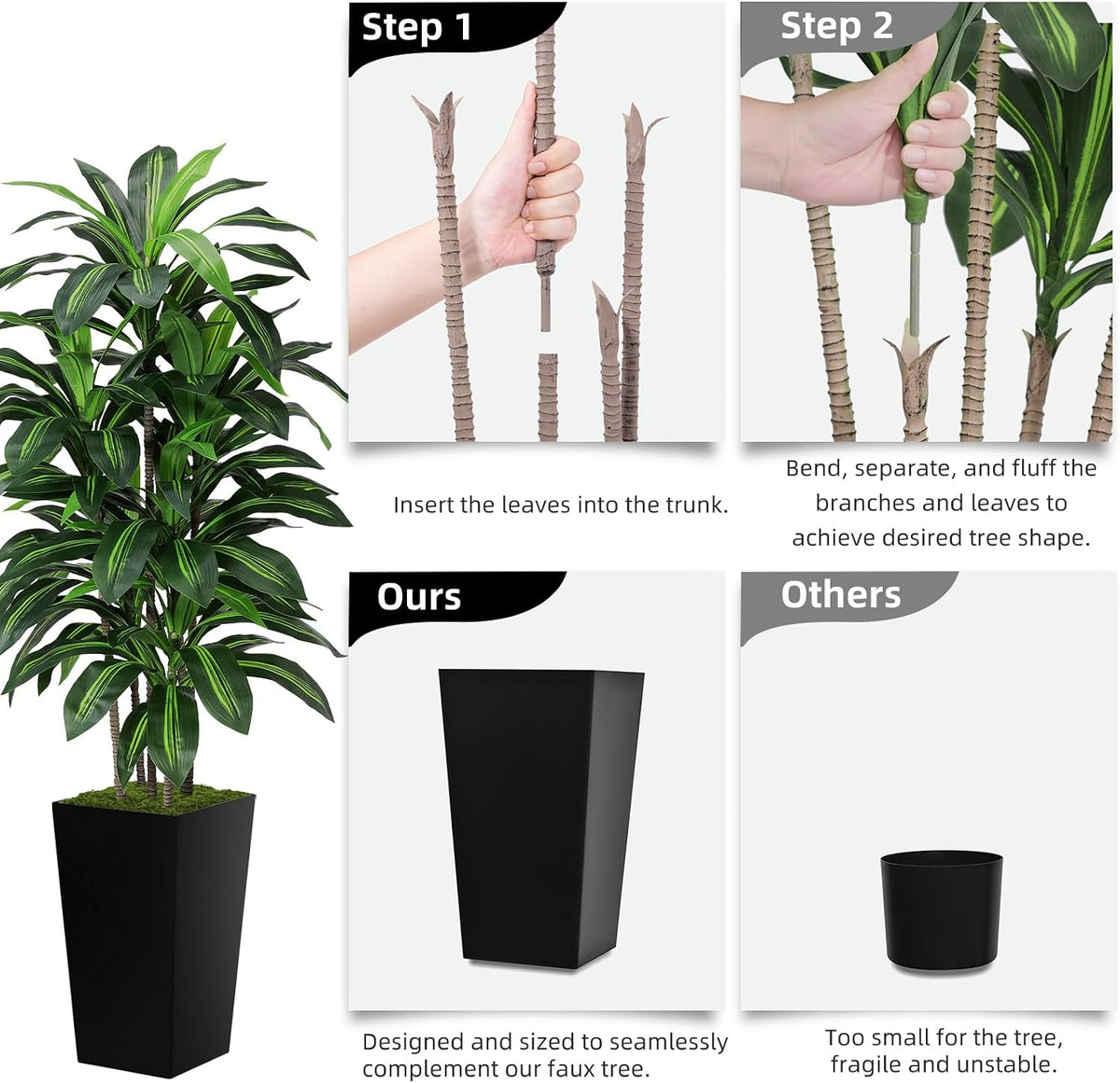 Artificial Plant 5FT Dracaena Fake Tree with White Tall Planter