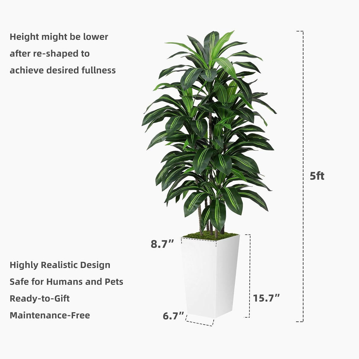 Artificial Plant 5FT Dracaena Fake Tree with White Tall Planter