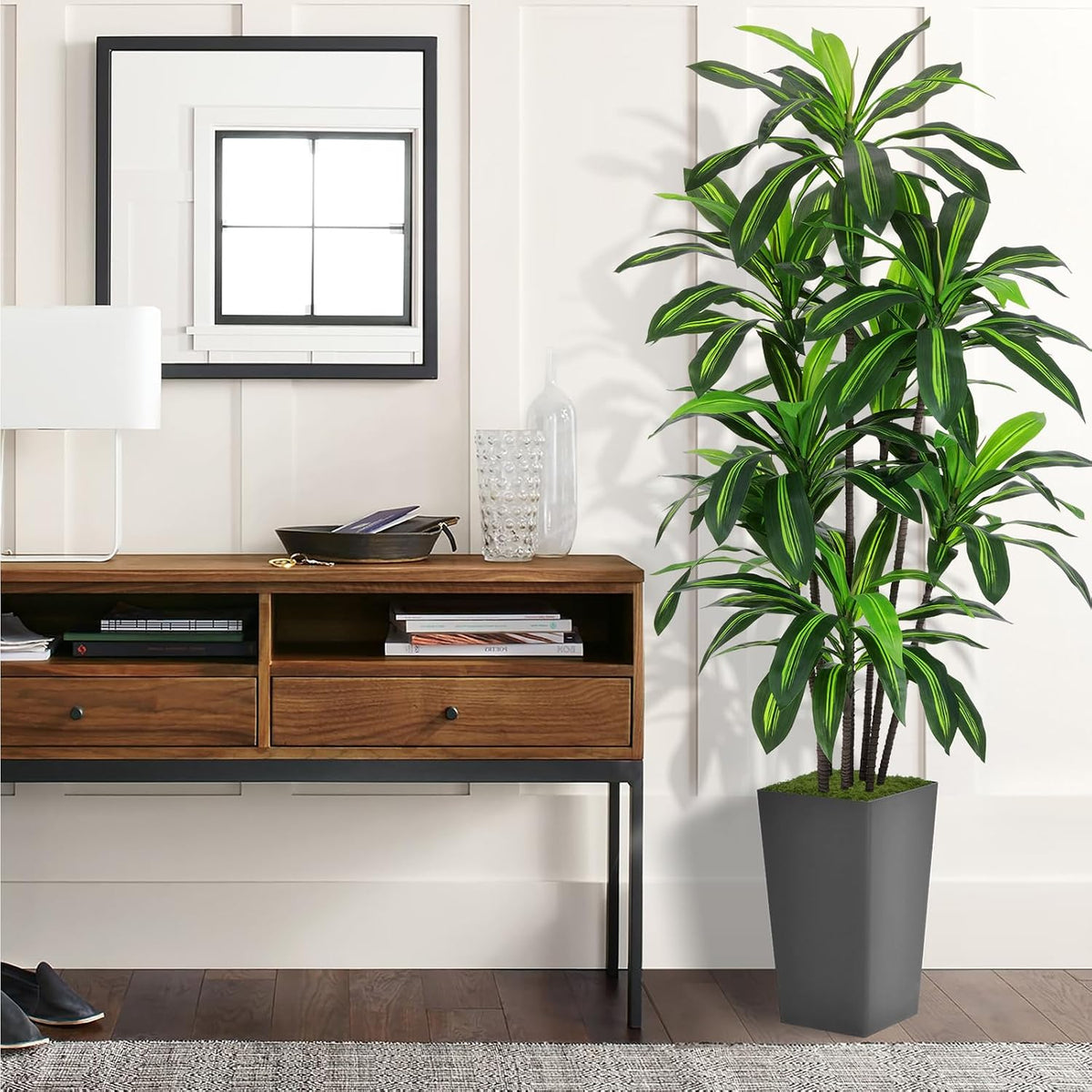 Artificial Plant 5FT Dracaena Fake Tree with White Tall Planter